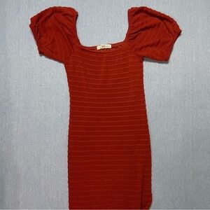 Rewind Textured Puff Sleeve Midi Dress Size XS in Burnt Orange